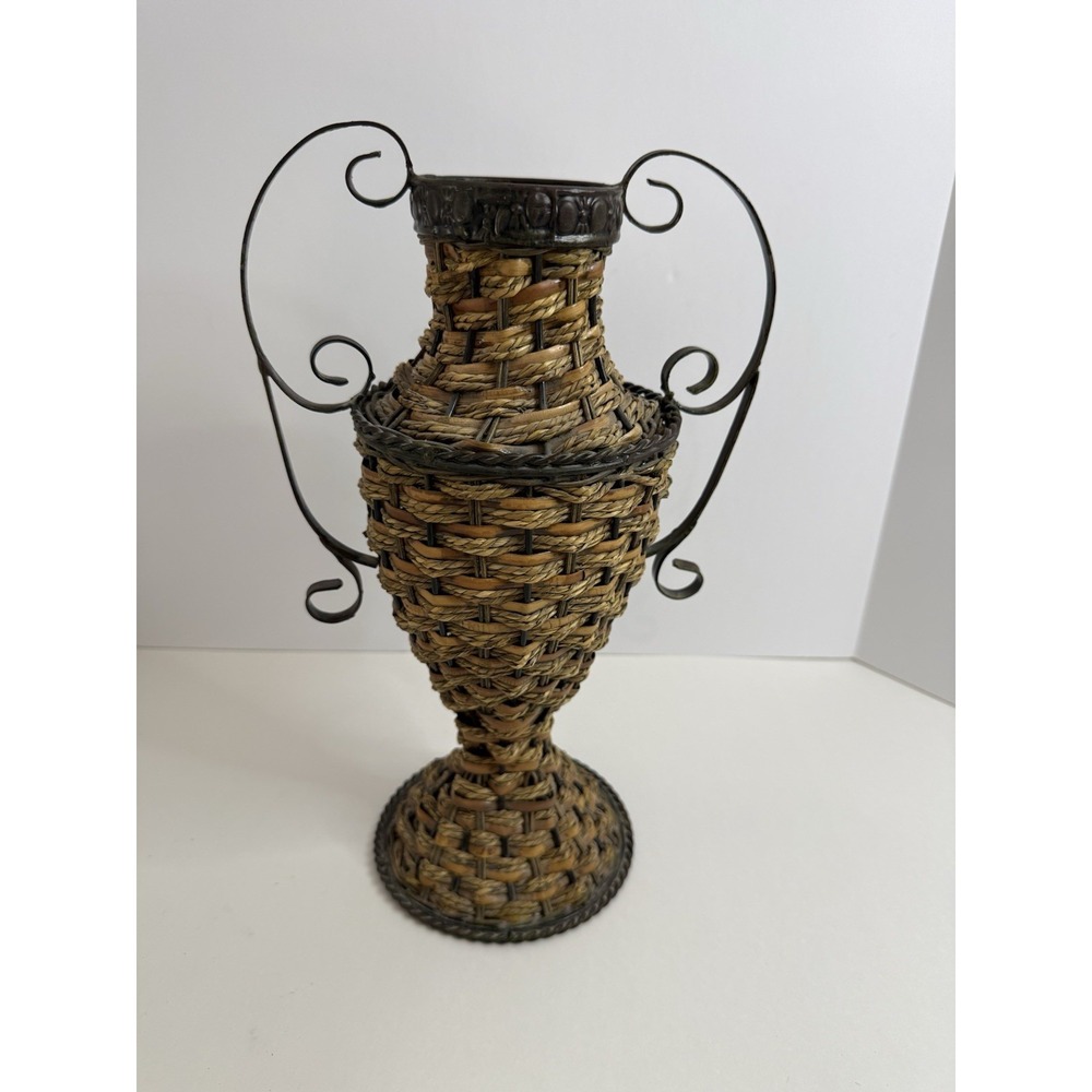 Vintage Wicker & Metal Scroll Handle Amphora Vase 13" Boho Urn Decor‎